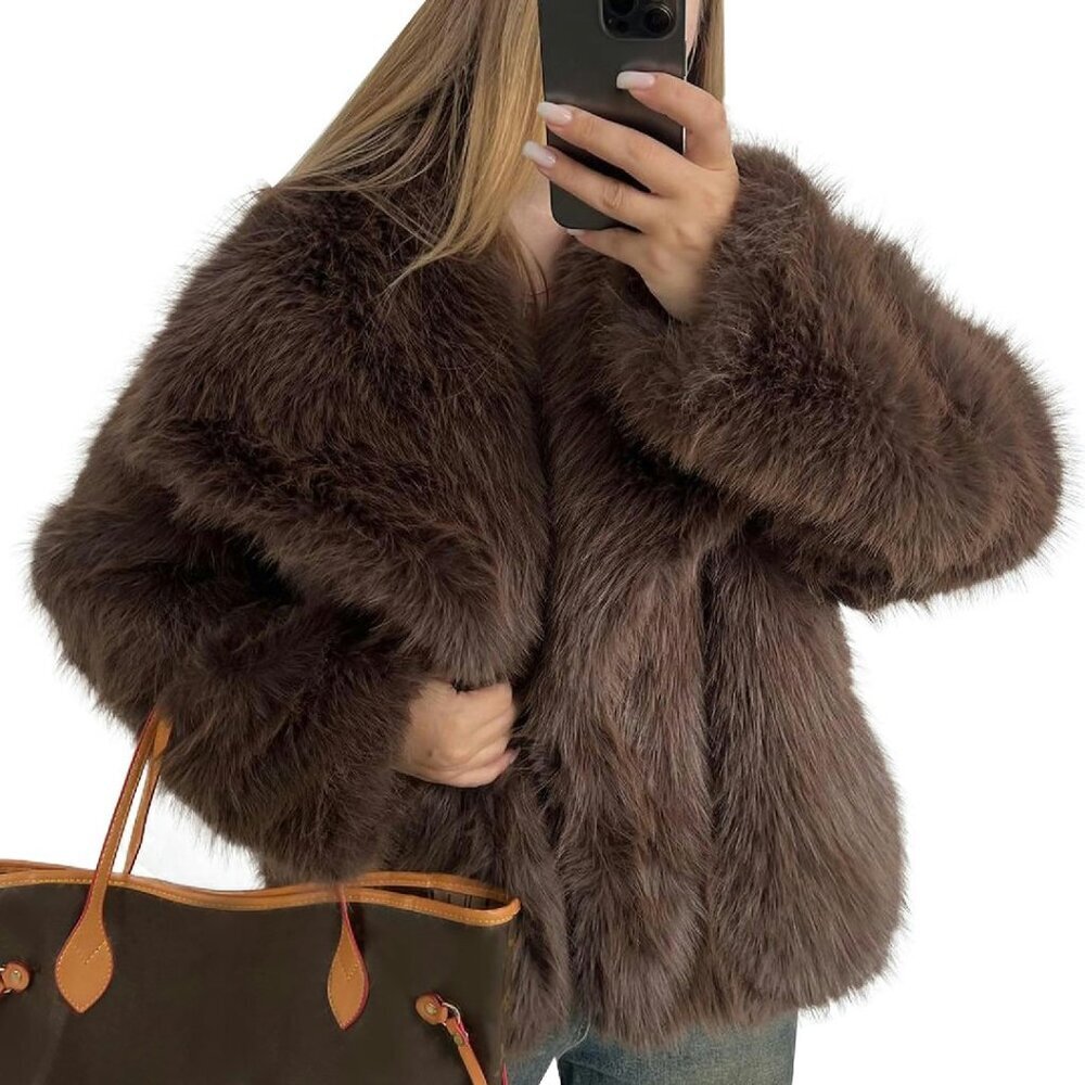 Fluffy Faux Fur Coat Women's Winter Jacket Lapel Collar Open Front